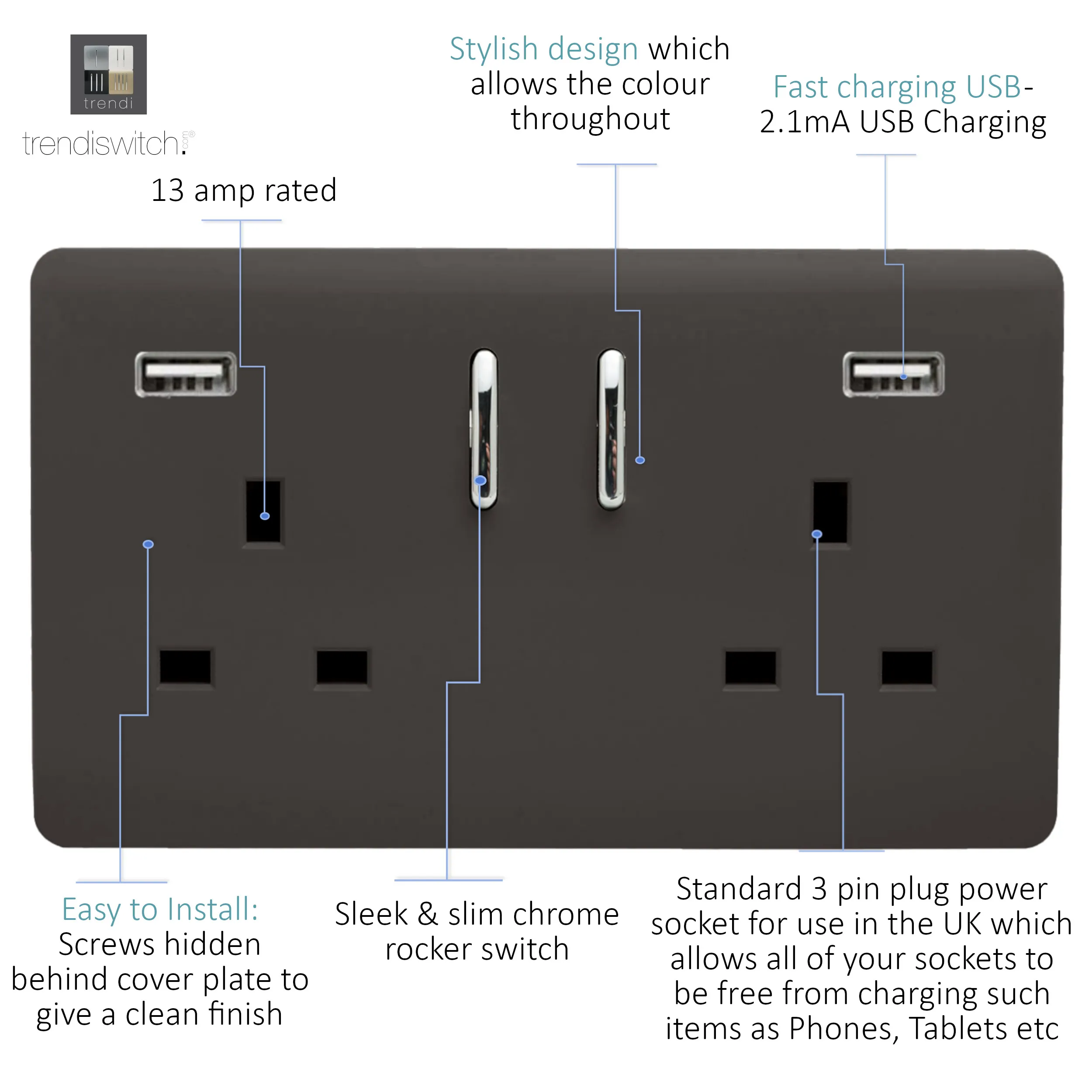 2 Gang 13Amp Short S/W Double Socket With 2x3.1Mah USB Dark Brown ART-SKT213USB31AADB  Trendi Dark Brown